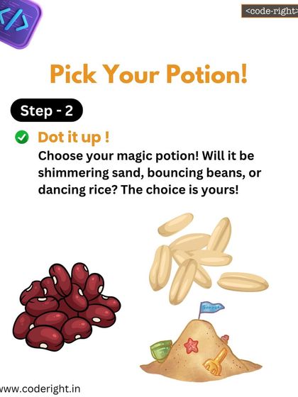 Step 2: Pick your potion! Children choose their sensory material, whether it's shimmering sand, bouncing beans, or dancing rice. This choice allows for creative expression within the activity.