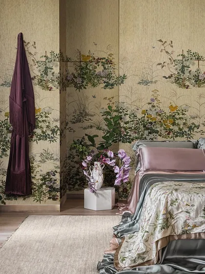 Another view of the "Scenic Flora" wallpaper, showing how its theatrical composition wraps around the room. Inspired by 17th-century Japanese art, the design offers evolving beauty from every perspective.