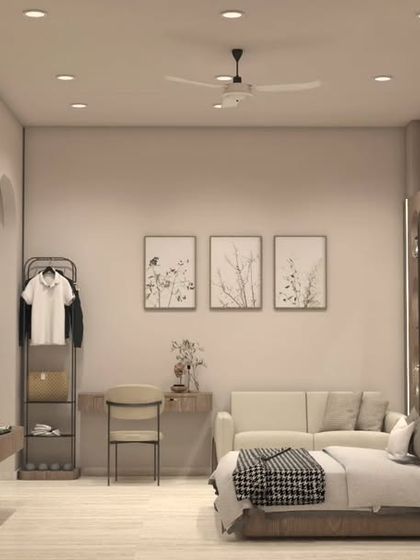 A full view of the bedroom and attached bathroom from our 3D design, demonstrating how we plan the entire master suite.