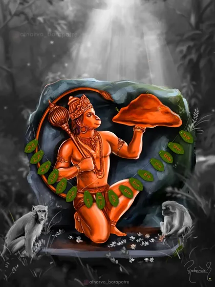 A selective color version of my Hanuman painting with the Sanjeevani mountain. The monochrome background makes the orange form of the deity and the green leaves stand out, highlighting his divine mission.