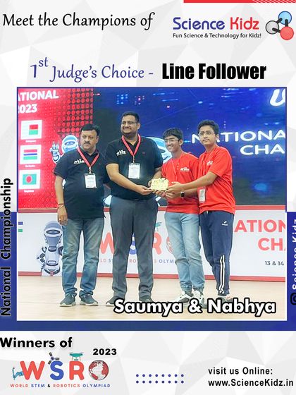 Our national champions Saumya and Nabhya receiving the 1st Judge's Choice award for their exceptional Line Follower robot at WSRO 2023.