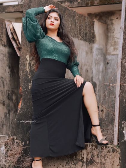 A series of portraits featuring a model in a stylish green sequin and black dress. The combination of outdoor and rustic indoor settings provides a variety of backdrops for this modern look.