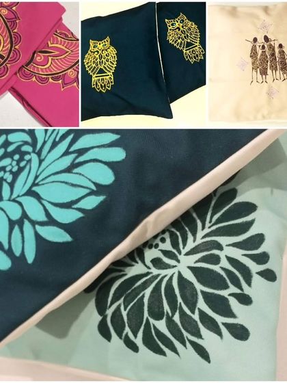 A collage showcasing various block-printed and hand-painted cushion cover designs. From paisley and floral prints to owl and tribal motifs, I can create a wide range of styles to suit your taste.