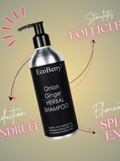 This is our Onion Ginger Herbal Shampoo, a multi-action formula designed to tackle common hair issues. It works by stimulating follicles, reducing dandruff, and eliminating split ends for overall healthier hair.