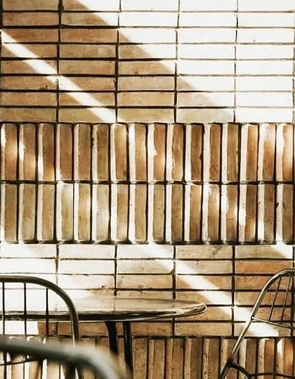 We love playing with bricks and patterns. The way the sunlight casts diagonal shadows across this textured brick wall adds another layer of dynamic design to the space.