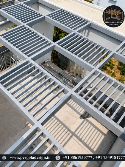 A detailed look at the precision-engineered louvered sections of the pergola. The consistent spacing and clean lines demonstrate our commitment to quality fabrication for a flawless finish.