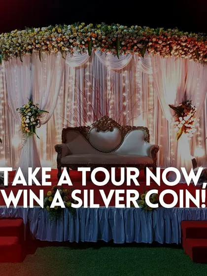 Take a tour of our venue and win a silver coin! This image showcases a beautiful wedding mandap as an incentive.