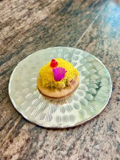 A single, elegant plate of Papdi Chaat, showcasing the layers of flavour and texture in this beloved Indian snack.