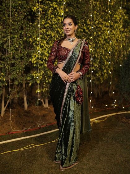 Another shot of my custom velvet saree. The combination of the rich green velvet and the intricate maroon blouse was perfect for a winter wedding.