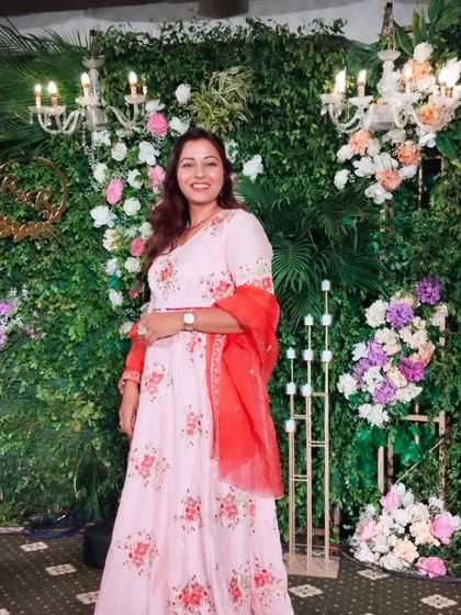 A full-length view of my beautiful floral gown for an elegant evening event.