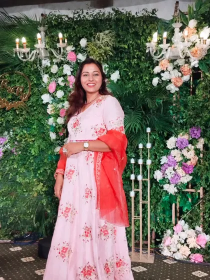 A full-length view of my beautiful floral gown for an elegant evening event.
