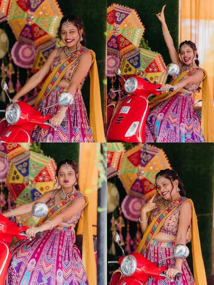 A collage of a bride's fun and playful moments from her Mehendi ceremony, posing on a red scooter.