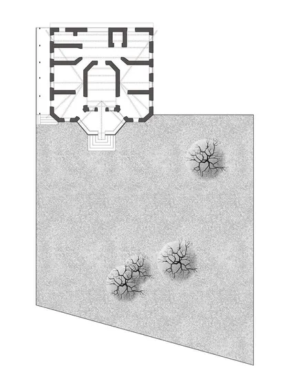 The initial site plan for the KLE Centenary Museum, illustrating the relationship between the existing colonial building and the proposed landscape interventions. This drawing shows the conceptual foundation of the project.