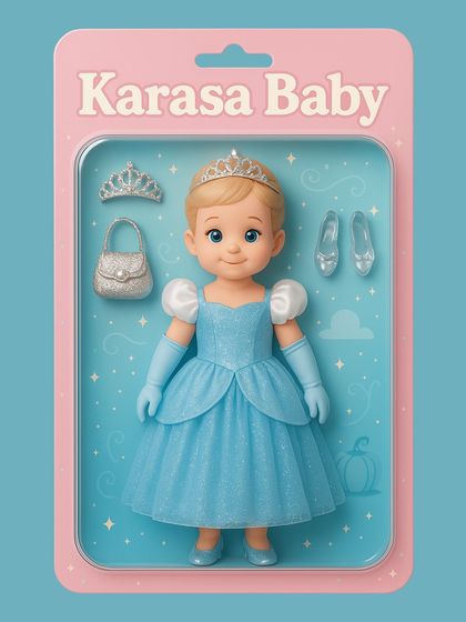 Another take on the Cinderella dream. This AI-generated image visualizes a custom princess gown as a beautiful doll, complete with a tiara, gloves, and glass slippers.