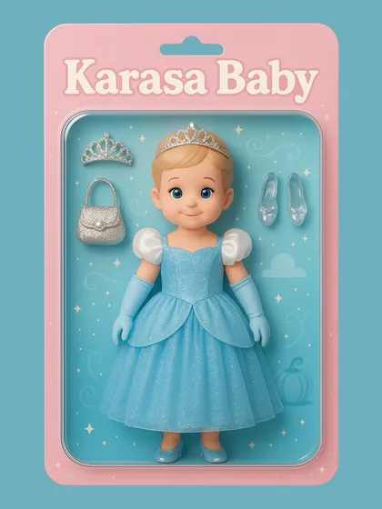 Another take on the Cinderella dream. This AI-generated image visualizes a custom princess gown as a beautiful doll, complete with a tiara, gloves, and glass slippers.