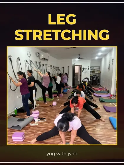 A graphic for "Leg Stretching," showing students using wall ropes and blocks to achieve deeper and more aligned stretches.