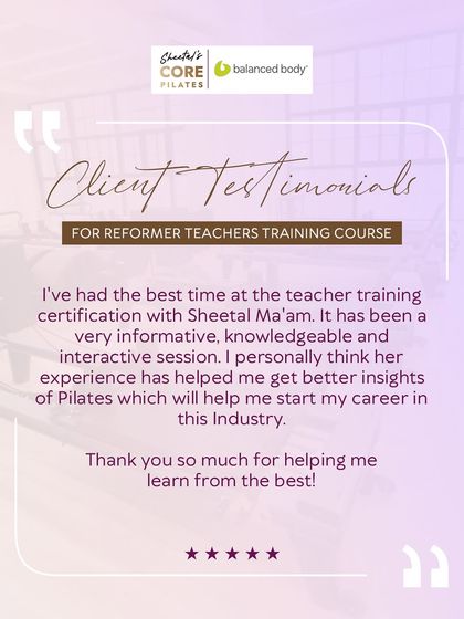 This testimonial highlights what my teacher training course is all about: providing informative, knowledgeable, and interactive sessions. My experience helps you get better insights to start your career in the Pilates industry.