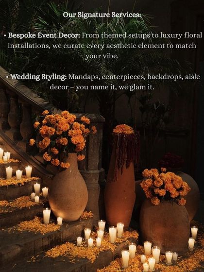 An overview of our core offerings. We provide bespoke event decor for any theme and comprehensive wedding styling, covering everything from mandaps and centerpieces to aisle decor.