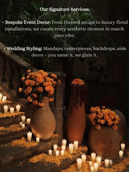 A list of our signature services, including bespoke event decor and wedding styling. From mandaps to backdrops, you name it, we glam it.