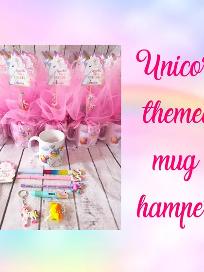 Nothing says magic like a unicorn party. This whimsical mug hamper is one of my bestsellers. It’s filled with unicorn-themed stationery and goodies, all wrapped beautifully in pink netting with a personalized tag. It’s a complete, ready-to-gift package that little dreamers adore.