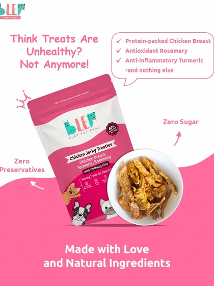 Treats don't have to be unhealthy. My Chicken Jerky Treats are made with just three ingredients: protein-packed chicken breast, antioxidant-rich rosemary, and anti-inflammatory turmeric. There is absolutely no sugar or preservatives, just pure, natural goodness.