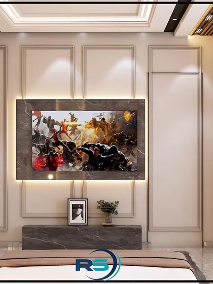 A bedroom design that combines entertainment and relaxation. The room features a large TV mounted on a marble panel with backlighting, flanked by custom wardrobes and a cozy window seat with built-in storage.