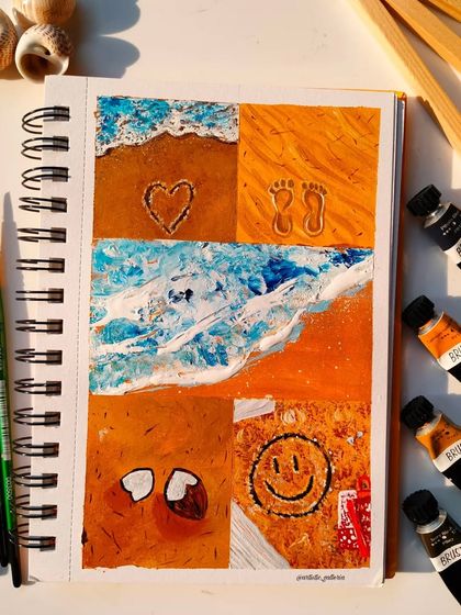 The full layout of my beach collage painting, created with acrylics in my sketchbook.