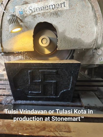 Water is used to cool the blade as it cuts through the granite during the manufacturing of our new Tulsi Vrindavan model.