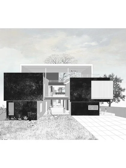 An elevation drawing of the "Solid | Void | Solid House" shows the conceptual idea of solid private blocks connected by transparent public voids.
