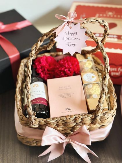 Another view of our "Basket of Love," showing the "Happy Valentine's Day" tag and the beautiful arrangement.