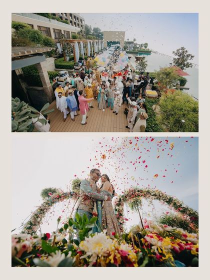 A collage from Aabhaas and Radhika's Haldi, showing their grand entry and a romantic moment under a shower of petals. This captures the celebration's energy and romance.