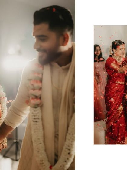 A collage showing the emotional moments of Aiswarya and Jhon's wedding, from holding hands to the showering of petals.