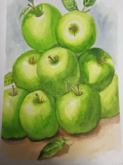A watercolour still life of green apples, painted as a demonstration for an online class. This exercise focuses on creating form and shine using layers of colour.