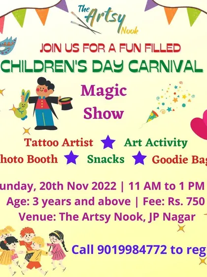 Our Children's Day Carnival was a blast! The event poster shows all the fun we had planned, including a magic show, tattoo artist, art activity, and more.