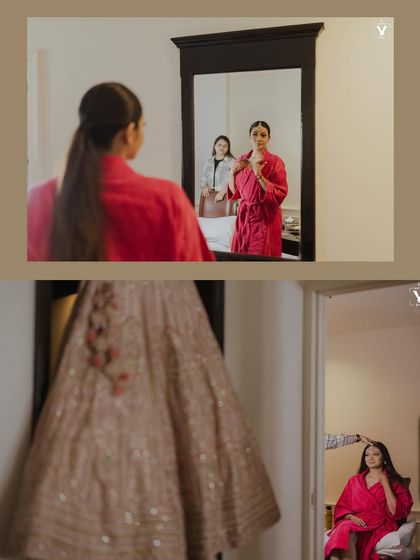 A collage of getting-ready moments, showing the bride in her robe and a glimpse of her lehenga. These behind-the-scenes shots capture the anticipation and excitement before the ceremony.