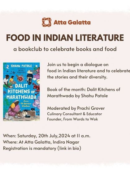 Poster for a book club on 'Food in Indian Literature', discussing 'Dalit Kitchens of Marathwada'.