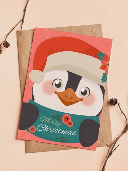 A personal touch for the holidays. This image shows one of my cute Christmas card options, featuring an adorable penguin in a Santa hat.