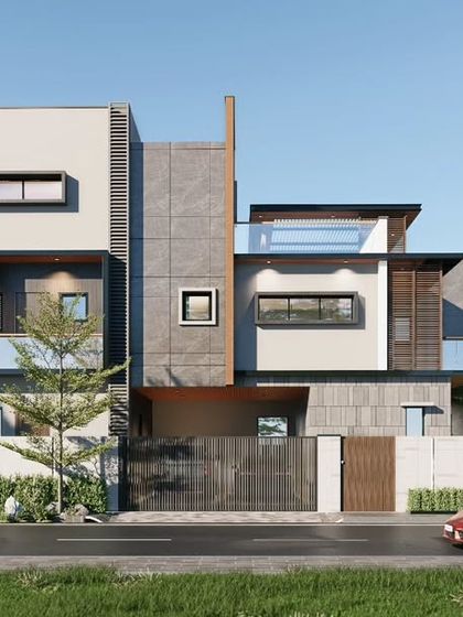 A different angle of the Prestige Glenmorgan residence, showing the relationship between the different masses and materials. The design aims for a contemporary look that is sophisticated and understated.