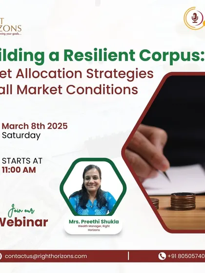 This graphic announces our webinar on "Building a Resilient Corpus," focusing on asset allocation strategies for all market conditions. Our Wealth Manager, Mrs. Preethi Shukla, shares her expertise on creating a robust investment portfolio.