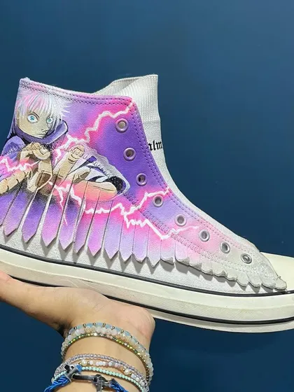 A full side view of the Satoru Gojo custom sneakers, showcasing the unique cut-out design.