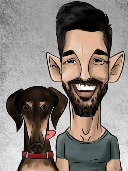 I draw pets too. This digital caricature captures the bond between a man and his best friend, making for a truly personal and memorable piece of art.