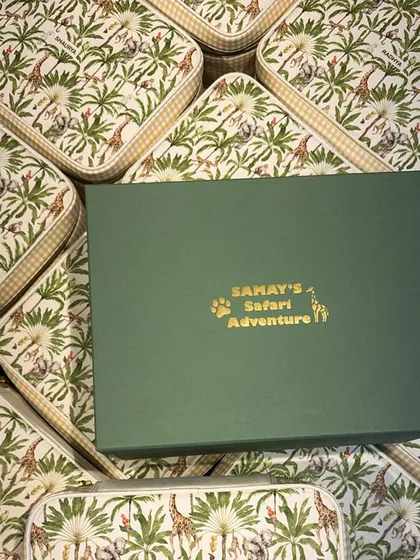 The custom box for "Samay's Safari Adventure," showing how I can create fully branded packaging for your child's birthday theme.