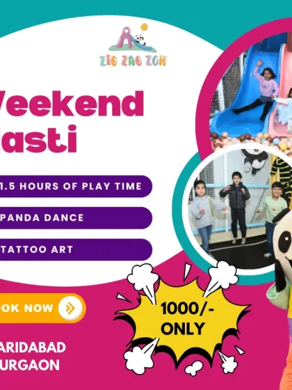 Time for some Weekend Masti! This special offer includes 1.5 hours of play time, a dance with our panda mascot, and cool tattoo art. Book your spot now!