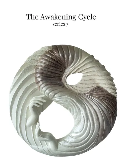 This is 'The Awakening Cycle series 3,' a 36-inch diameter piece where vulnerability becomes strength. The shift in color represents a golden passage, a powerful turning point in transformation.