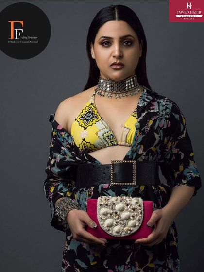 A high-fashion look created by our students for a professional shoot in collaboration with a modeling agency.