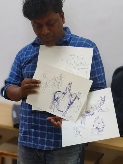 A collection of pen sketches by Sushil, used to teach students about line work, form, and gesture drawing. These quick studies are vital for developing a confident drawing hand.