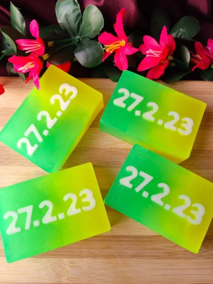 A closer look at the custom wedding date soaps made for Gunjan's hampers. This is a fantastic way to create a lasting memento of your special day for your closest friends and family.