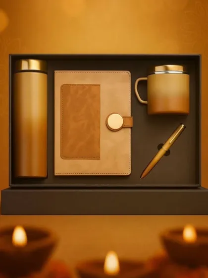 A professional shot of the brown stationery set. This combo includes a 750ml bottle, an A5 diary, a metal cup with a lid, and a ball pen, making it a complete and useful gift for any professional.