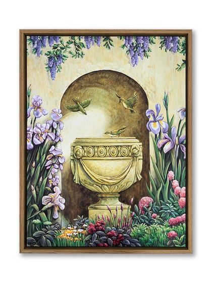 The full view of the "Garden Alcove I" artwork. The light wood floater frame complements the natural theme of the painting.