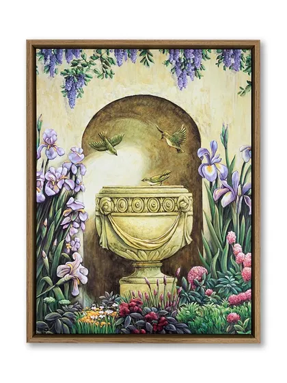 This charming artwork, "Garden Alcove I," is printed on canvas and set in a veneer wooden floater frame. This framing style creates a small gap between the canvas and the frame, giving the piece a modern, gallery-ready appearance.